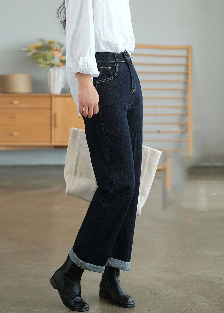 Pantalon de denim en coton de taille haute marine chic