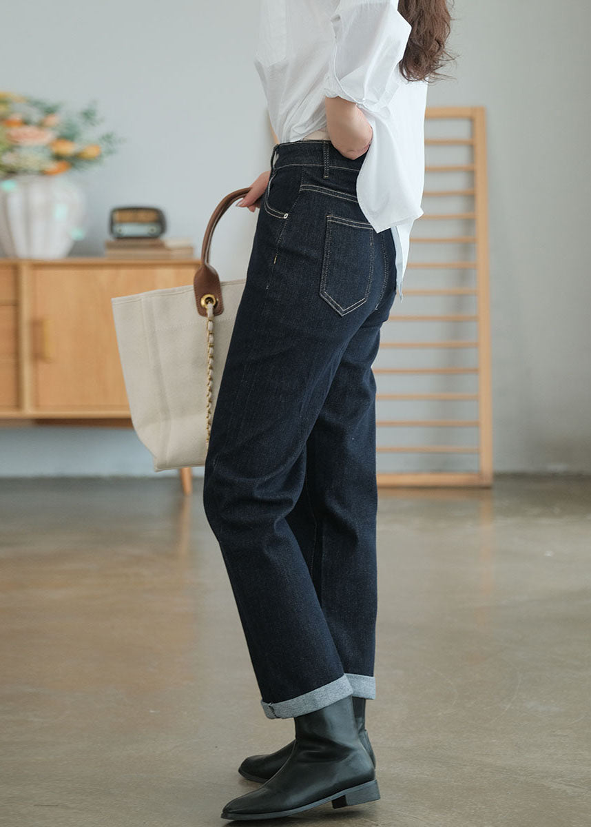 Pantalon de denim en coton de taille haute marine chic