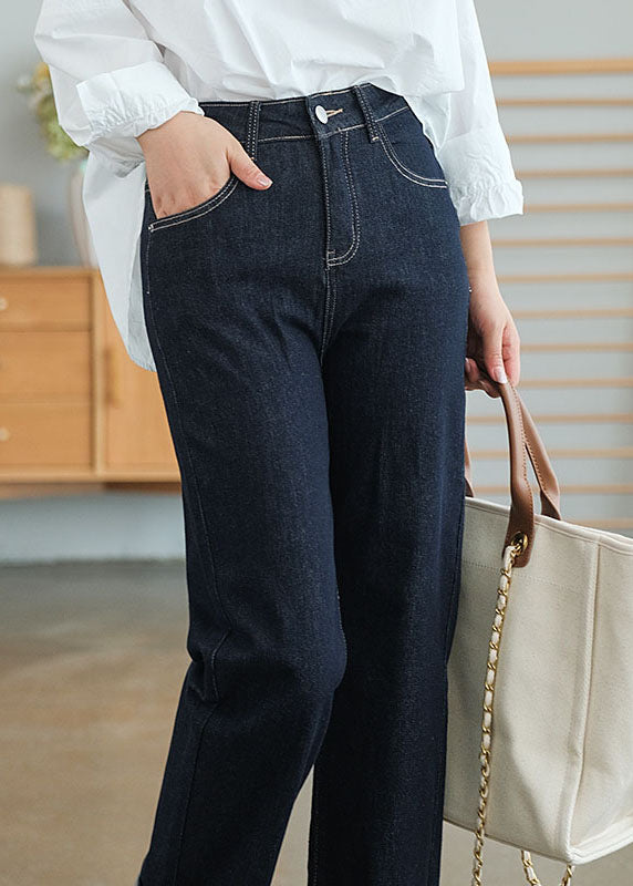 Pantalon de denim en coton de taille haute marine chic