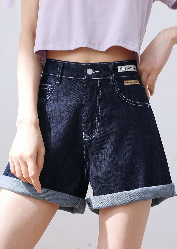 Classy Navy High Waist Pockets Applique Cotton Denim Shorts Summer