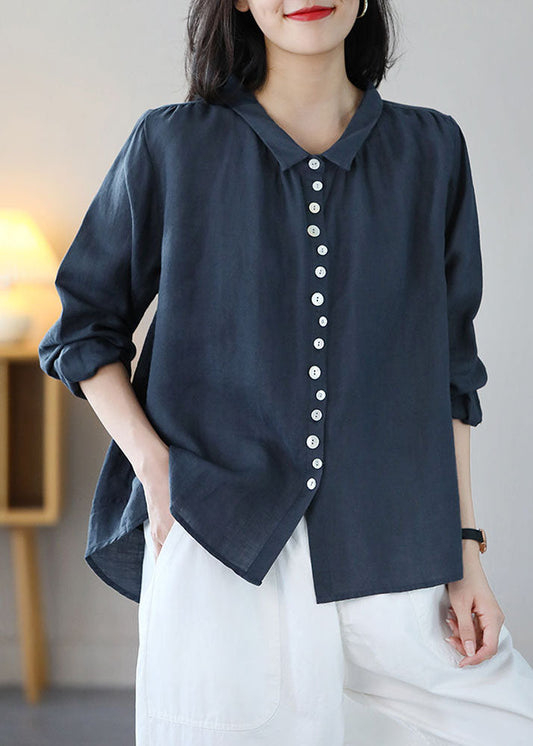 Classy Navy Peter Pan Collar bouton de lin Shirt Tops à manches longues