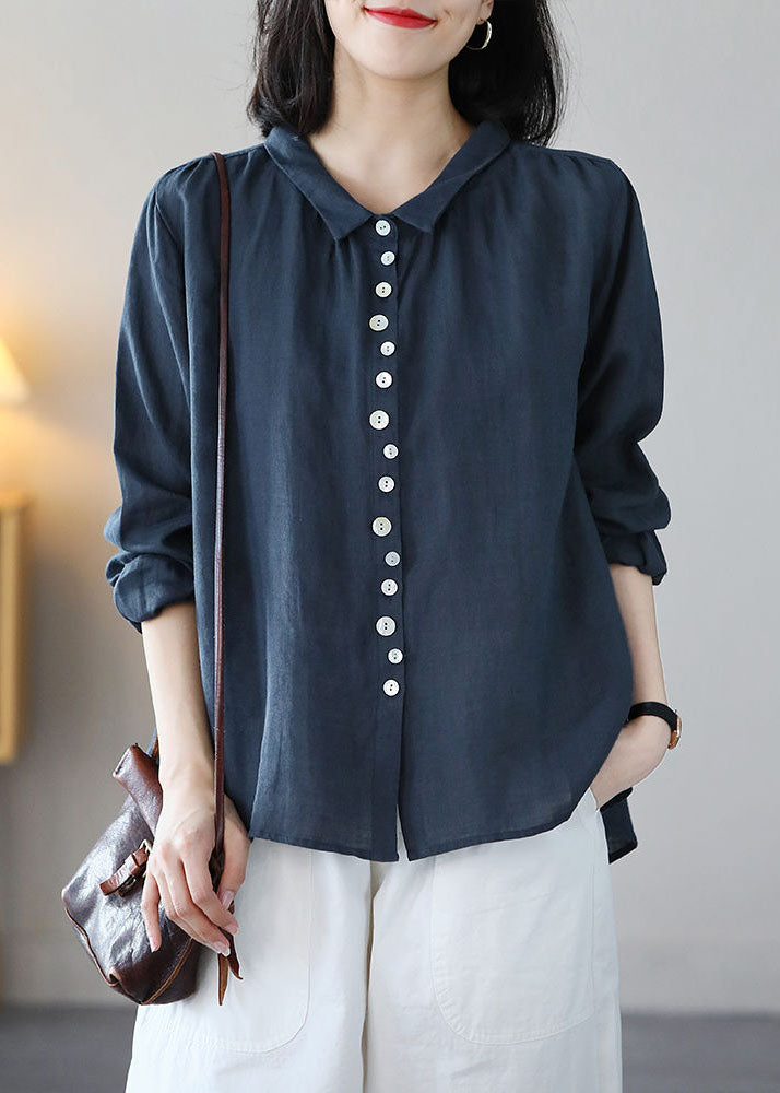 Classy Navy Peter Pan Collar bouton de lin Shirt Tops à manches longues