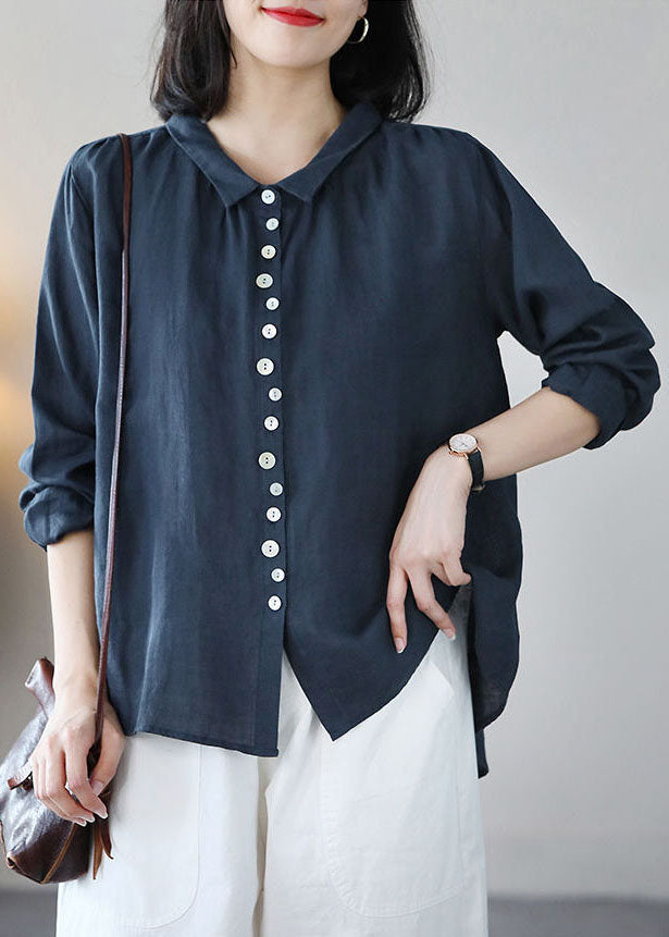 Classy Navy Peter Pan Collar bouton de lin Shirt Tops à manches longues