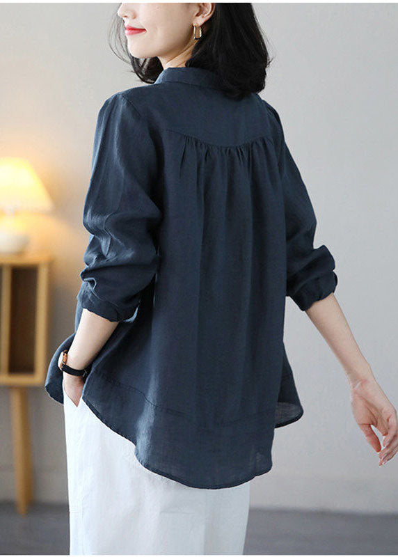 Classy Navy Peter Pan Collar bouton de lin Shirt Tops à manches longues