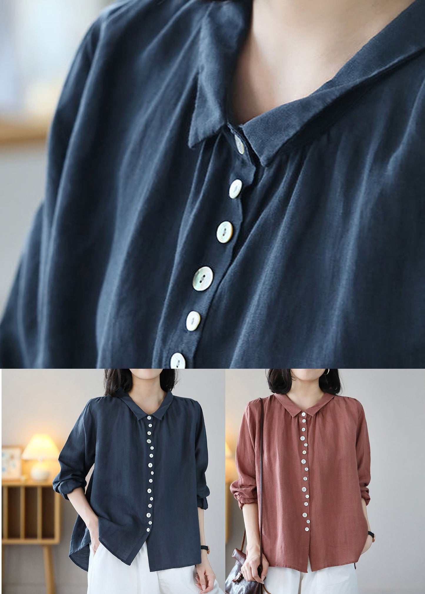 Classy Navy Peter Pan Collar bouton de lin Shirt Tops à manches longues