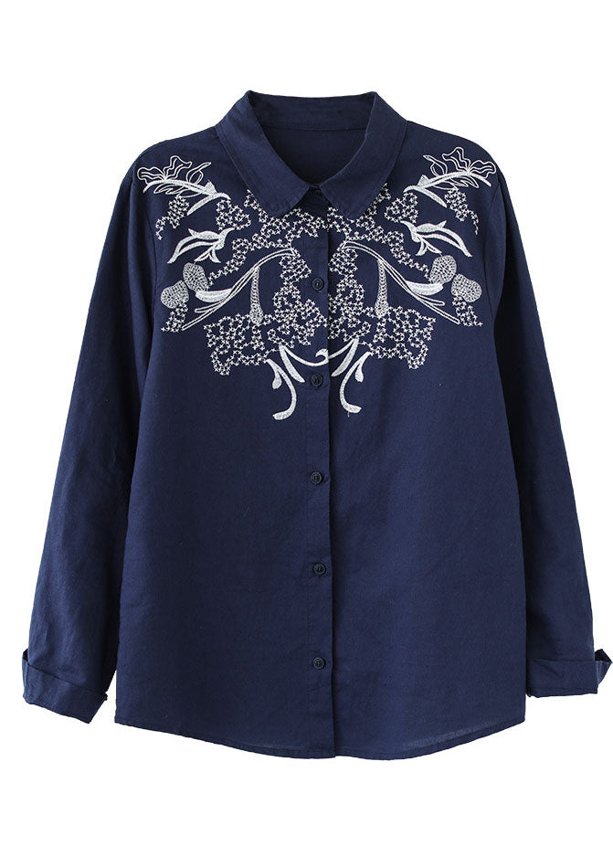 Classy Navy Peter Pan Collar Embroideried Cotton Blouses Long Sleeve