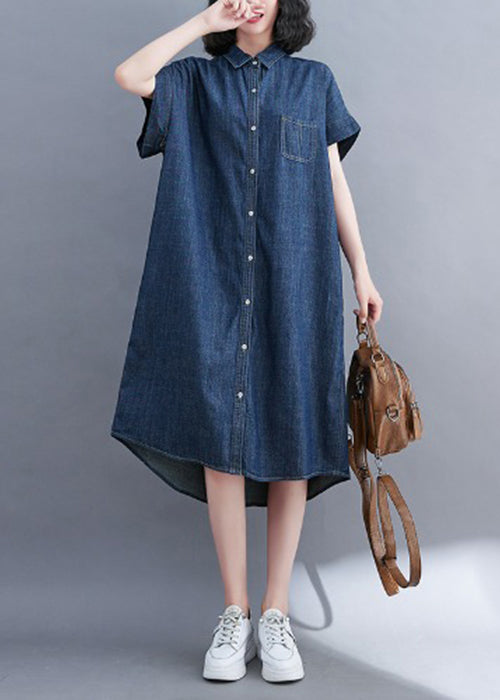 Navy Navy Peter Pan Collar Pocket Pocket Denim Shirt Robe Summer