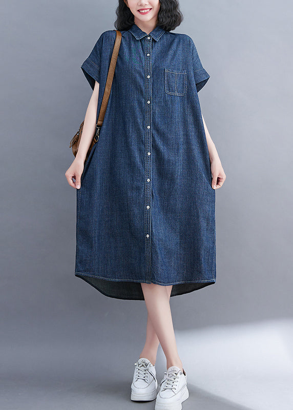 Navy Navy Peter Pan Collar Pocket Pocket Denim Shirt Robe Summer