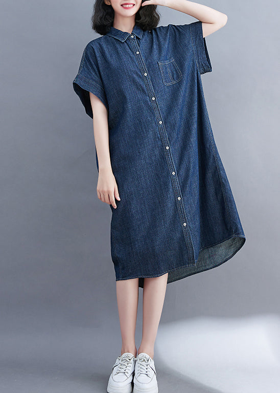 Navy Navy Peter Pan Collar Pocket Pocket Denim Shirt Robe Summer