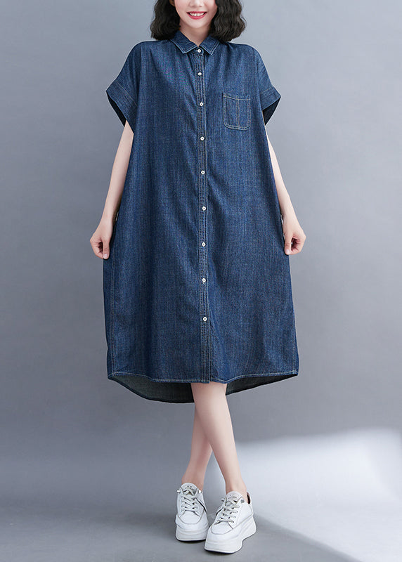 Navy Navy Peter Pan Collar Pocket Pocket Denim Shirt Robe Summer