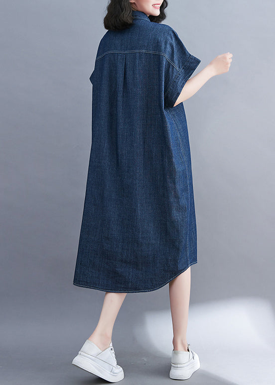 Navy Navy Peter Pan Collar Pocket Pocket Denim Shirt Robe Summer