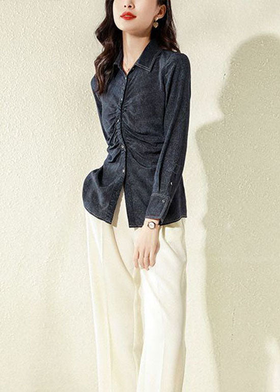 Classy Navy Peter Pan Collar Wrinkled Patchwork Denim Blouses Spring