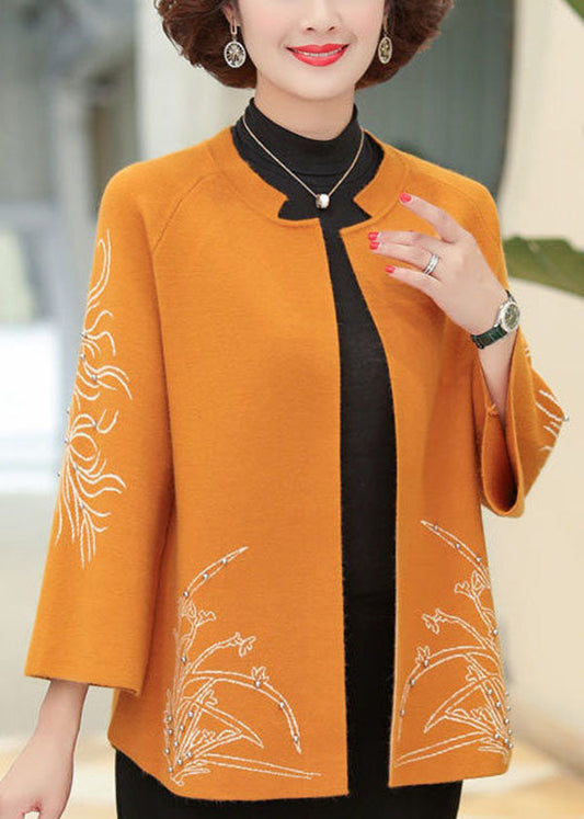 Classy Orange O-Neck Broideriy Nail Perle Cardigan Laine à manches longues