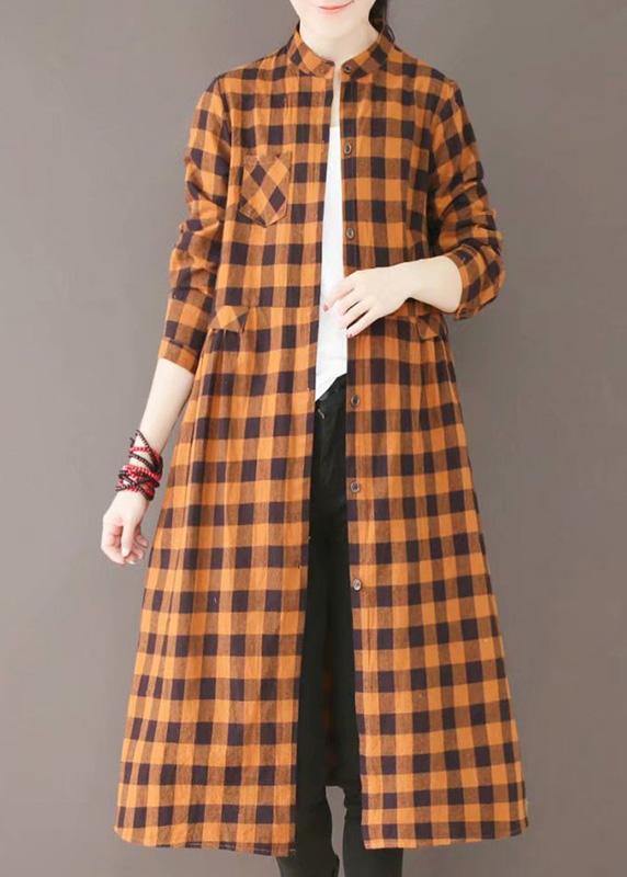 Classy Stand Collar Pockets Spring Dresses Yellow Plaid Art Dress - SooLinen