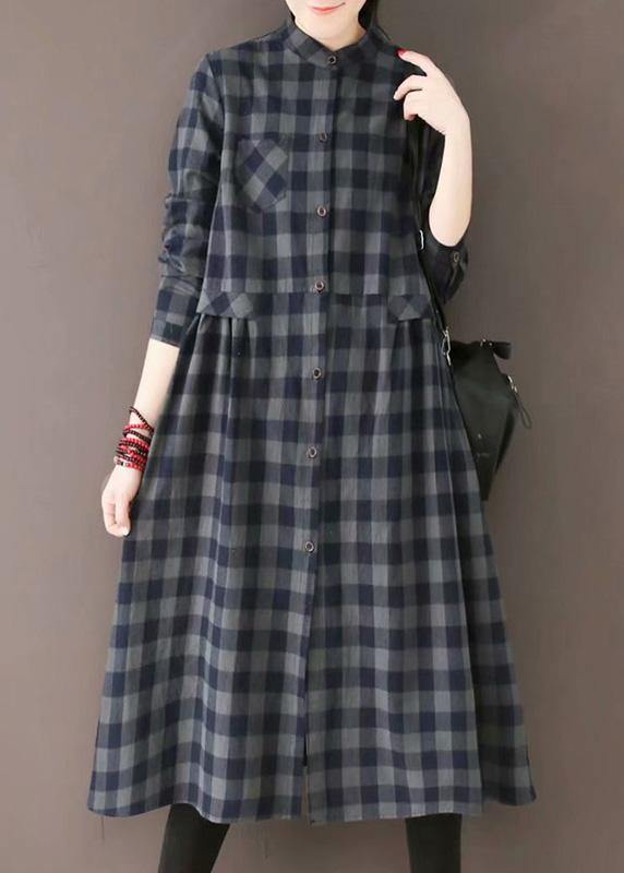 Classy Stand Collar Pockets Spring Dresses Yellow Plaid Art Dress - SooLinen