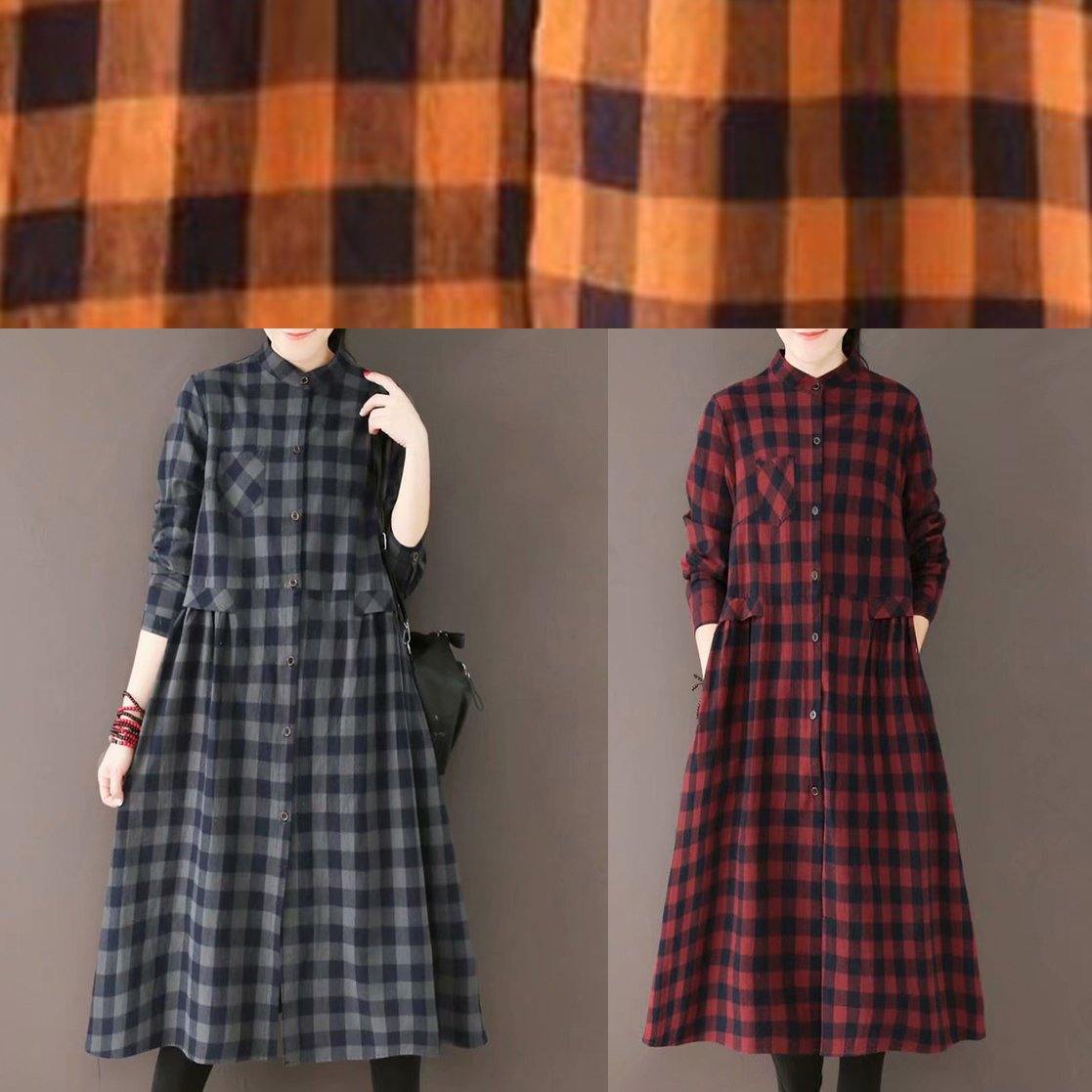 Classy Stand Collar Pockets Spring Dresses Yellow Plaid Art Dress - SooLinen