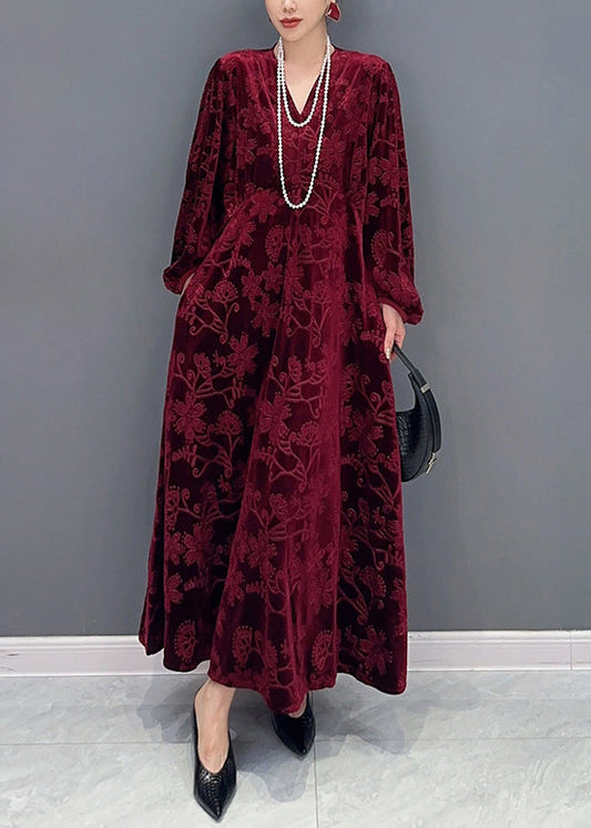 Vine élégant Red V Neck Pockets Silk Velor Long Robes Fall