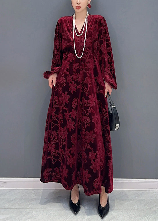 Vine élégant Red V Neck Pockets Silk Velor Long Robes Fall