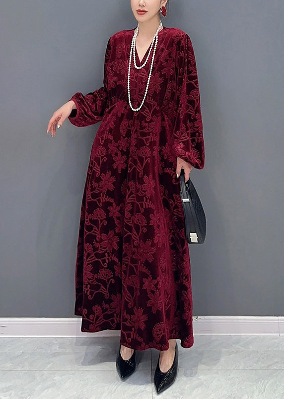 Vine élégant Red V Neck Pockets Silk Velor Long Robes Fall