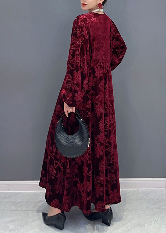 Vine élégant Red V Neck Pockets Silk Velor Long Robes Fall