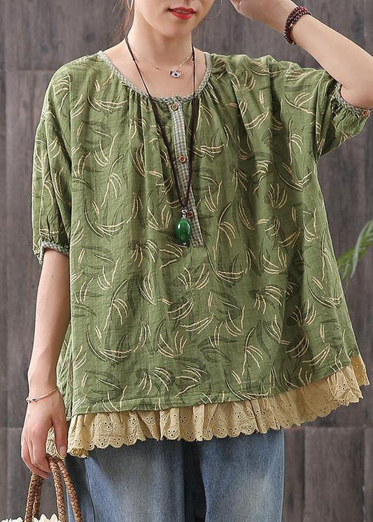 Classy cotton tunic top Boho Loose Print Short Sleeve Blouse - SooLinen