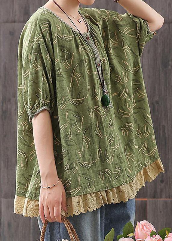 Classy cotton tunic top Boho Loose Print Short Sleeve Blouse - SooLinen