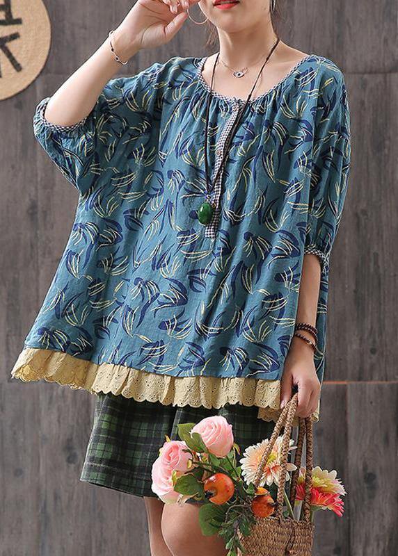 Classy cotton tunic top Boho Loose Print Short Sleeve Blouse - SooLinen