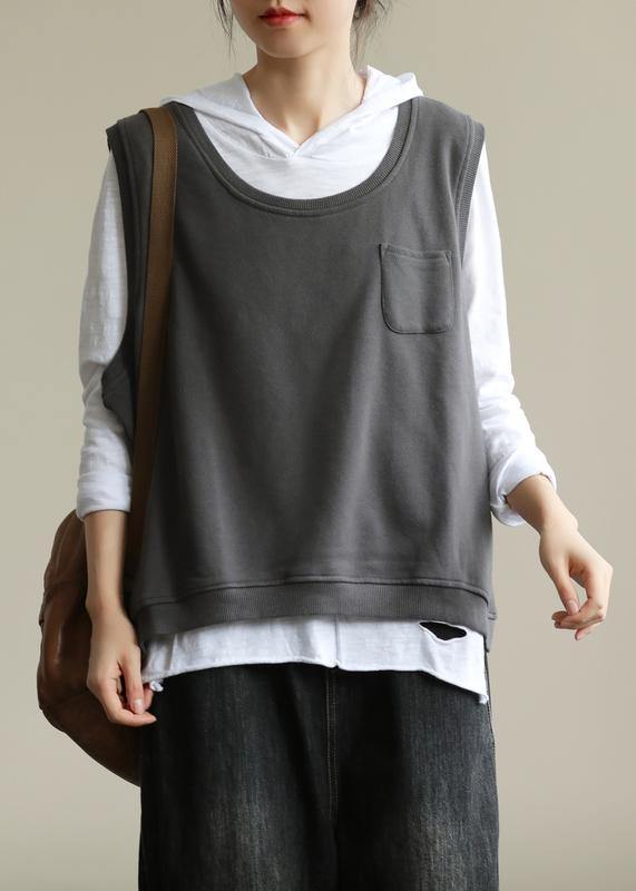 Classy dark gray tops women hooded two pieces oversized fall blouse - SooLinen