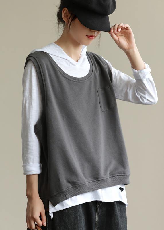 Classy dark gray tops women hooded two pieces oversized fall blouse - SooLinen