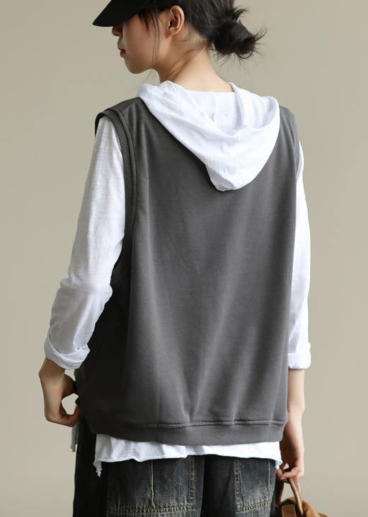 Classy dark gray tops women hooded two pieces oversized fall blouse - SooLinen