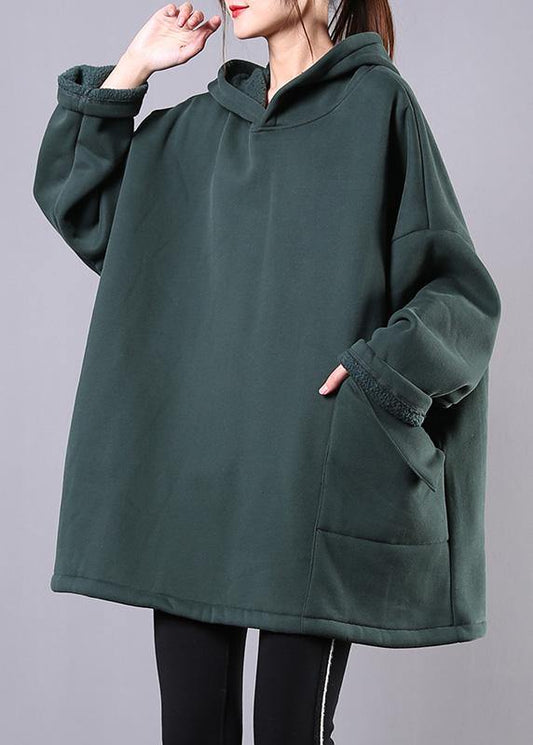 Classy hooded pockets cotton tunics for women Fabrics green blouse - SooLinen