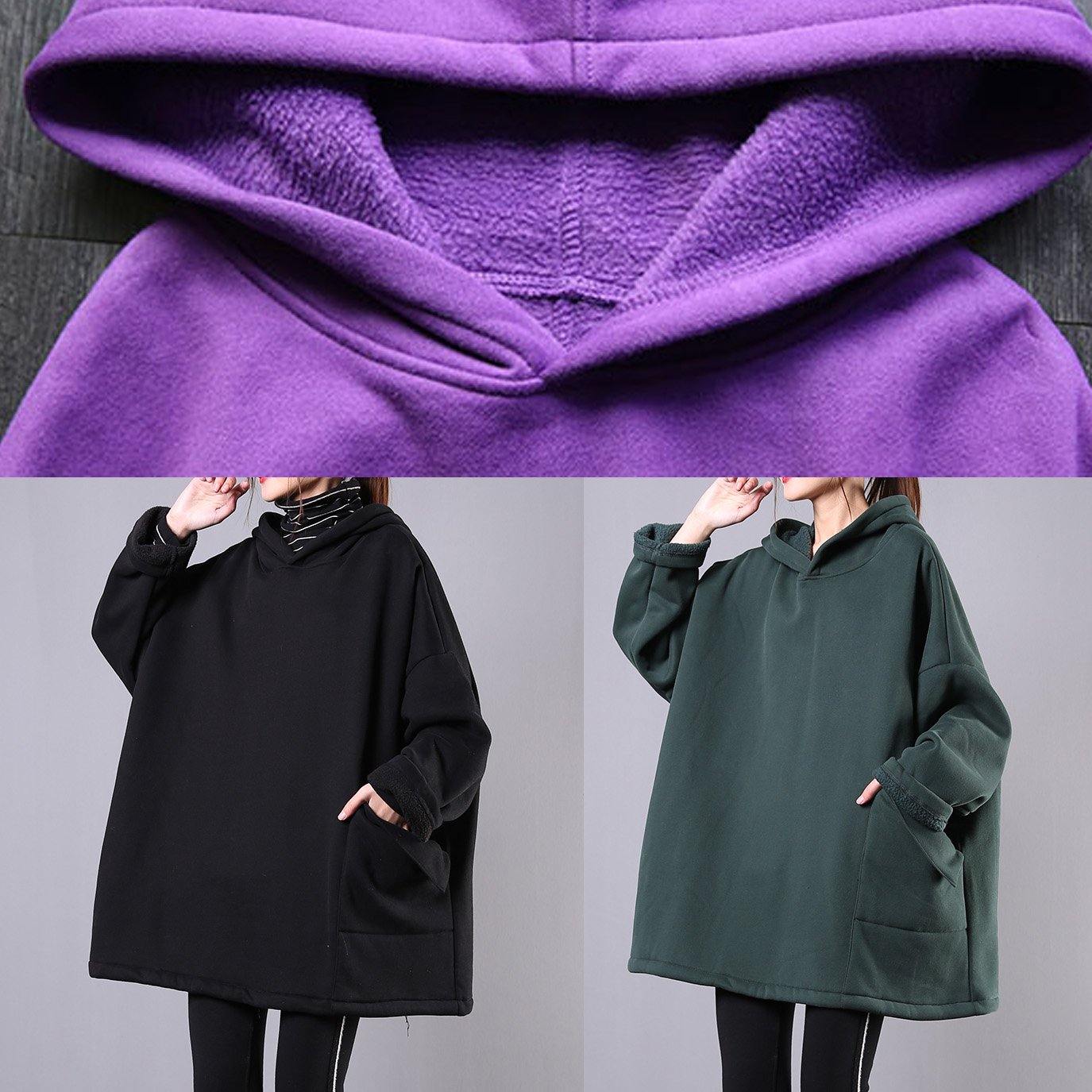 Classy hooded pockets cotton tunics for women Fabrics green blouse - SooLinen