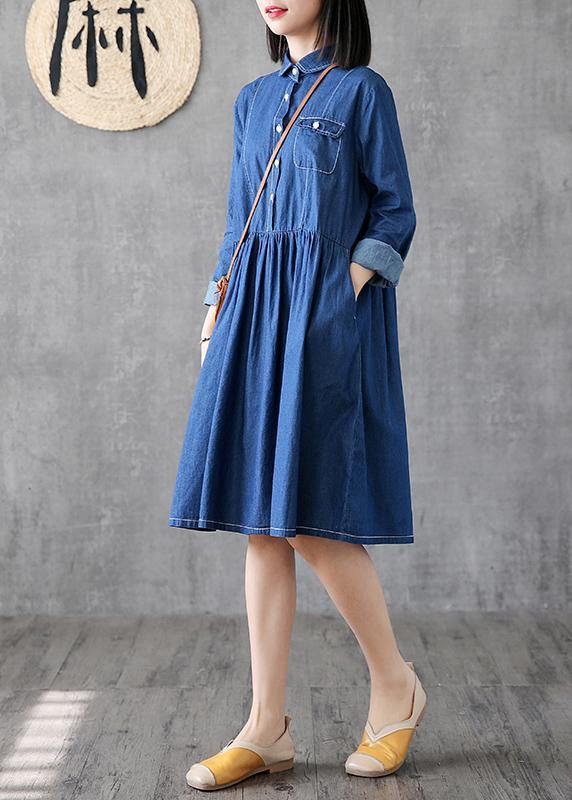 Classy lapel Cinched Cotton quilting clothes Photography denim blue Dress - SooLinen