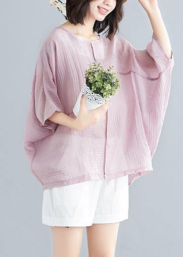 Classy o neck Batwing Sleeve patchwork cotton blended tops women blouses Boho Outfits pink short blouse Summer - SooLinen