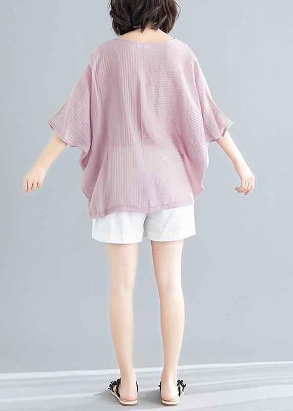 Classy o neck Batwing Sleeve patchwork cotton blended tops women blouses Boho Outfits pink short blouse Summer - SooLinen