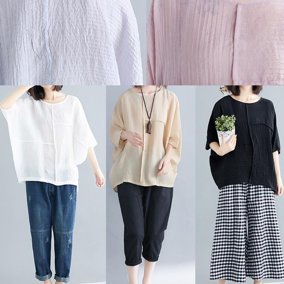 Classy o neck Batwing Sleeve patchwork cotton blended tops women blouses Boho Outfits pink short blouse Summer - SooLinen