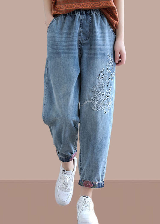 Chic denim blue pant pantalon printemps élastique de la taille de la taille de la taille