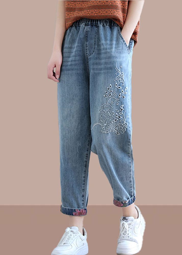 Chic denim blue pant pantalon printemps élastique de la taille de la taille de la taille