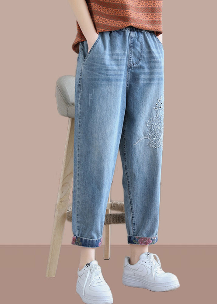 Chic denim blue pant pantalon printemps élastique de la taille de la taille de la taille