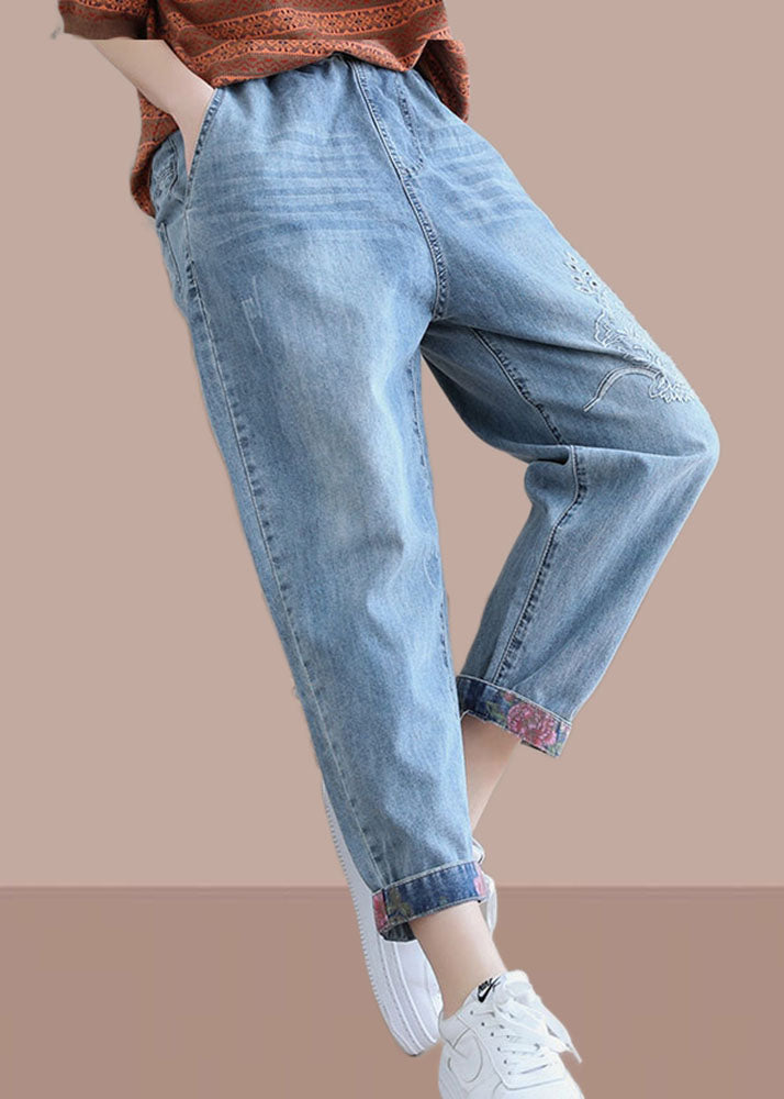 Chic denim blue pant pantalon printemps élastique de la taille de la taille de la taille