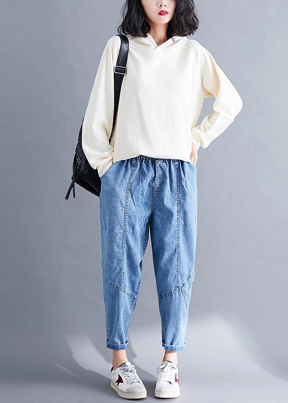 Classy Spring Women Pants Fashion Denim Blue Photography Elastic Waist Patchwork Pant - SooLinen