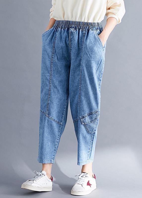 Classy Spring Women Pants Fashion Denim Blue Photography Elastic Waist Patchwork Pant - SooLinen