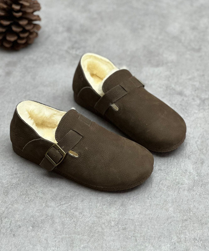 Chocolate Cowhide Leather Flats Fuzzy Wool Lined Comfy Buckle Strap Flats