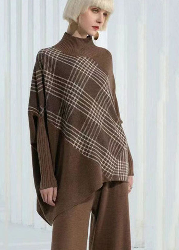 Chocolate Green Plaid Tricoted Tops Design asymétrique Sleeve Batwing