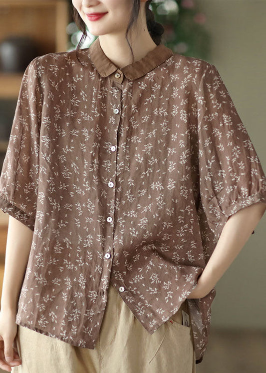 Chocolate Linen Shirt Top Button Peter Pan Collar Half Sleeve