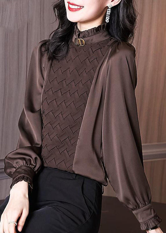 Chocolate Patchwork Murffon Blouses Ruffled Warm Long Long Manneve