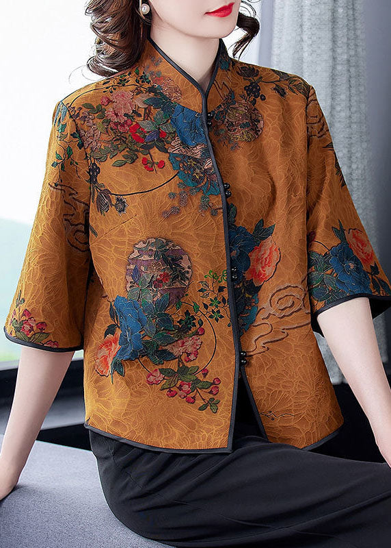 Chocolate Print Silk Chinese Style Shirts Mandarin Collar Half Sleeve