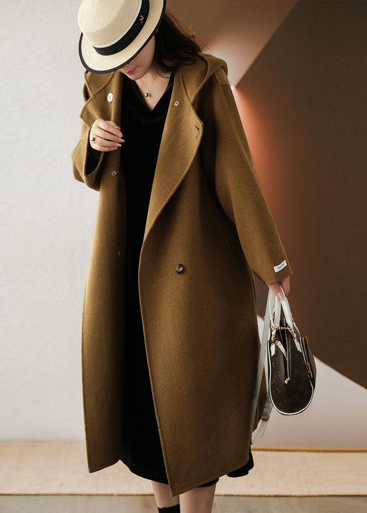 Chocolate Woolen Coat Outwear Hooded Double Breast Winter