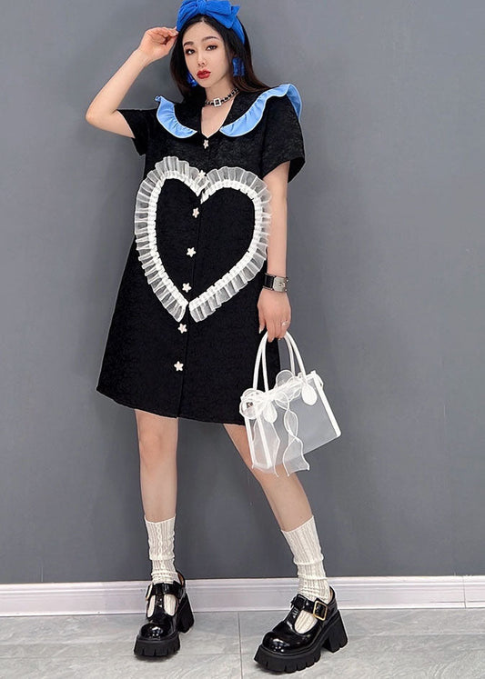 Mignon noire Peter Pan Coll Love Tulle Patchwork Shirt Robe Sleeve courte