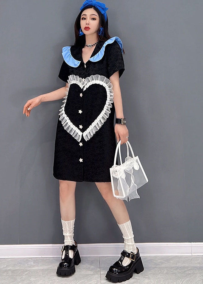 Mignon noire Peter Pan Coll Love Tulle Patchwork Shirt Robe Sleeve courte